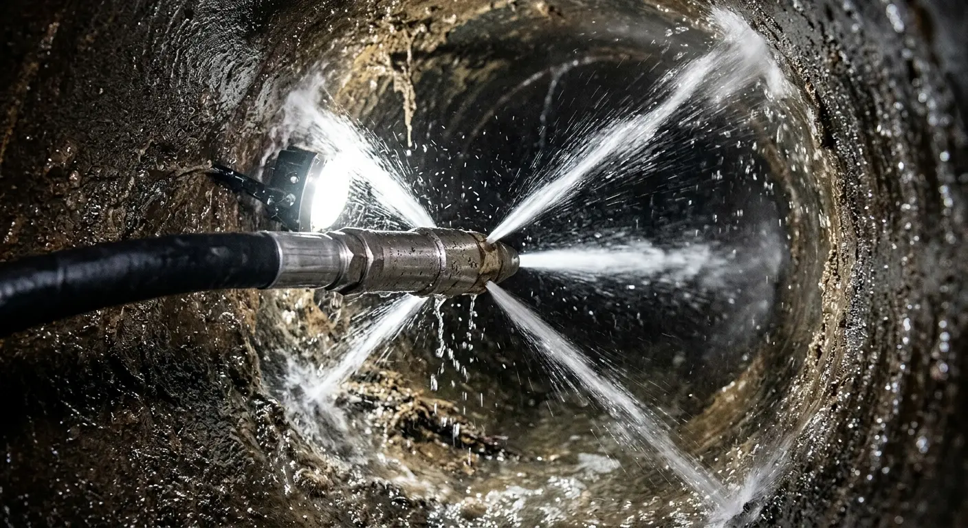 High-pressure hydro jetting nozzle cleaning sewer pipe for Sewer Cleanout in Upland