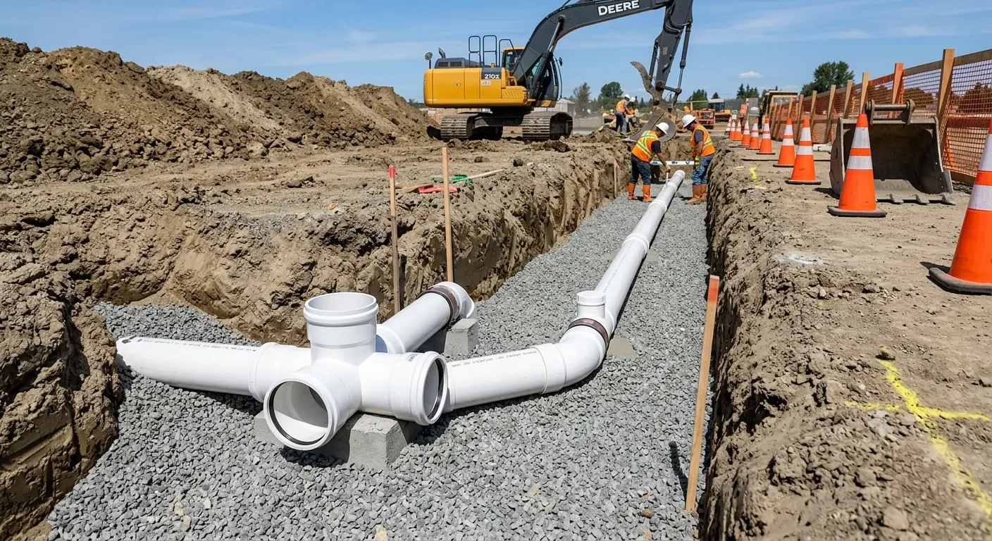 New PVC sewer pipe installation in open trench for Commercial Drain Cleaning in Upland