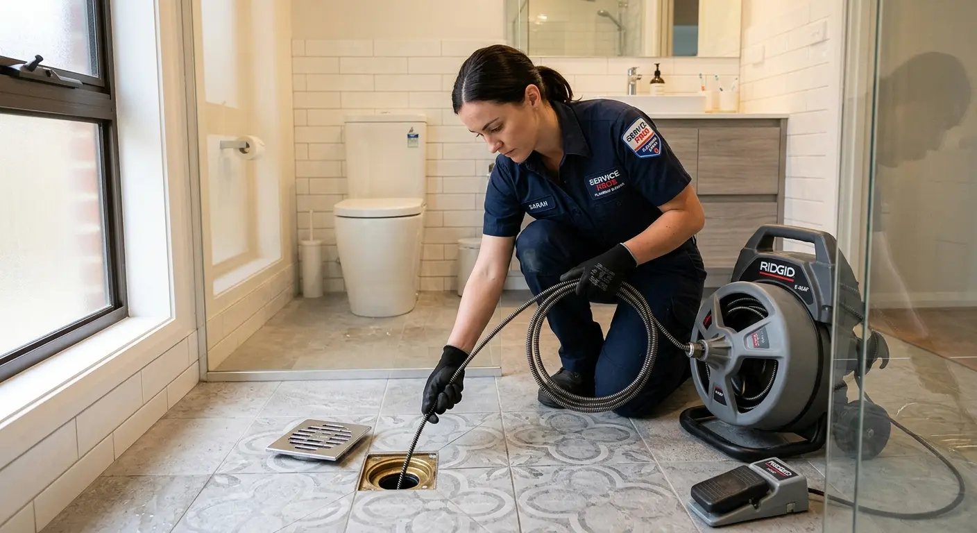 Technician clearing a bathroom floor drain for Hydro Jetting in Upland